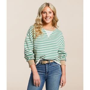 BKE Green + Cream Striped Crop Crewneck Sweatshirt - Large